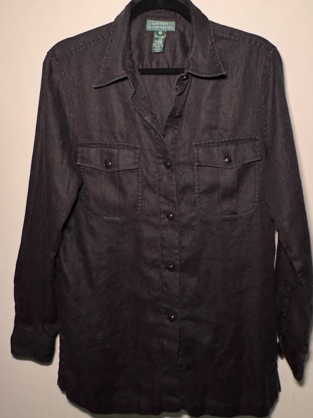 VTG Lauren Ralph Lauren 100% Linen Utility Shirt Women Size 10 Black Button Up